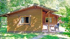 Einstöckiges Holzhaus mit flachem Satteldach, überdachter Terrasse, zwei Fenstern und einem einfachen Gartenset davor. Umgeben von Bäumen und Wiese