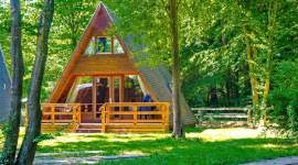 A-förmiges Holzferienhaus im Schatten unter Bäumen im Geesthof Ferienpark