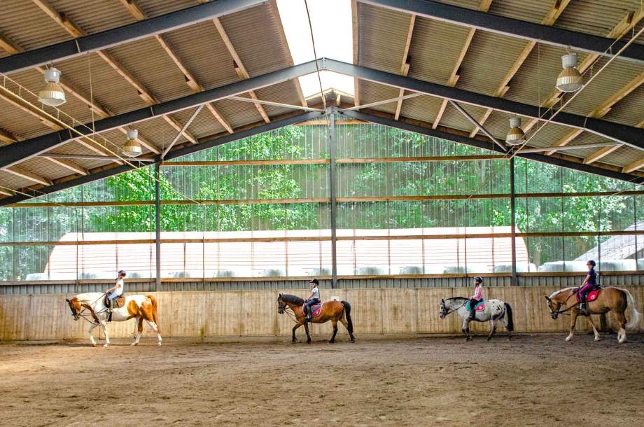 Vier Kinder reiten auf Pferden in einer hellen Reithalle mit lichtdurchlässigen Wänden