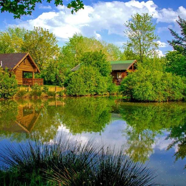 Foto von zwei Ferienhäusern zwischen Bäumen und Büschen an einem Teich.