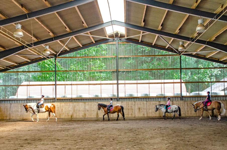Foto einer Reithalle, in der gerade vier Reiter auf Pferde am Reitunterricht teilnehmen.