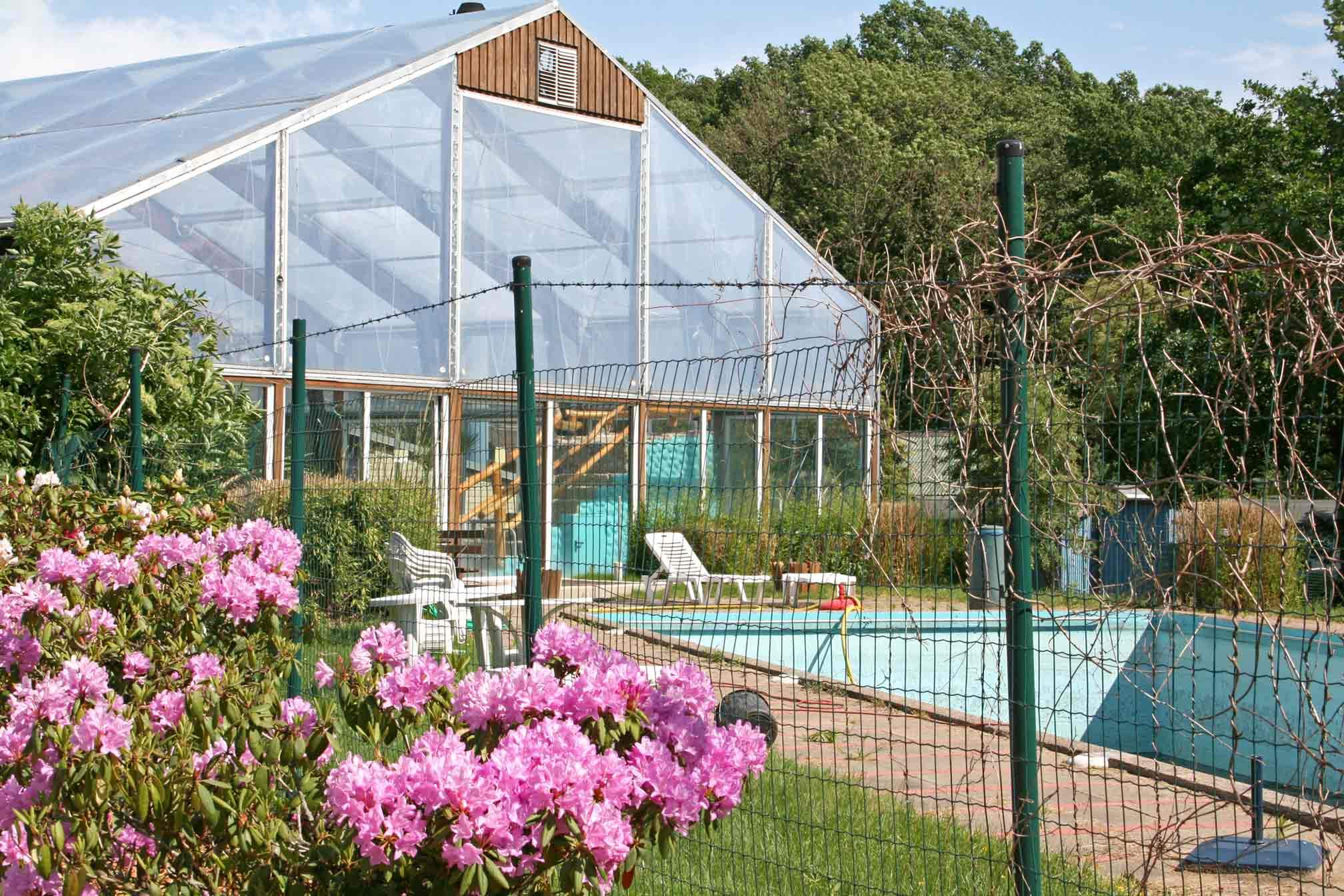 Foto vom Badeparadies beim Geesthof mit Außenbecken und Blumen im Vordergrund.