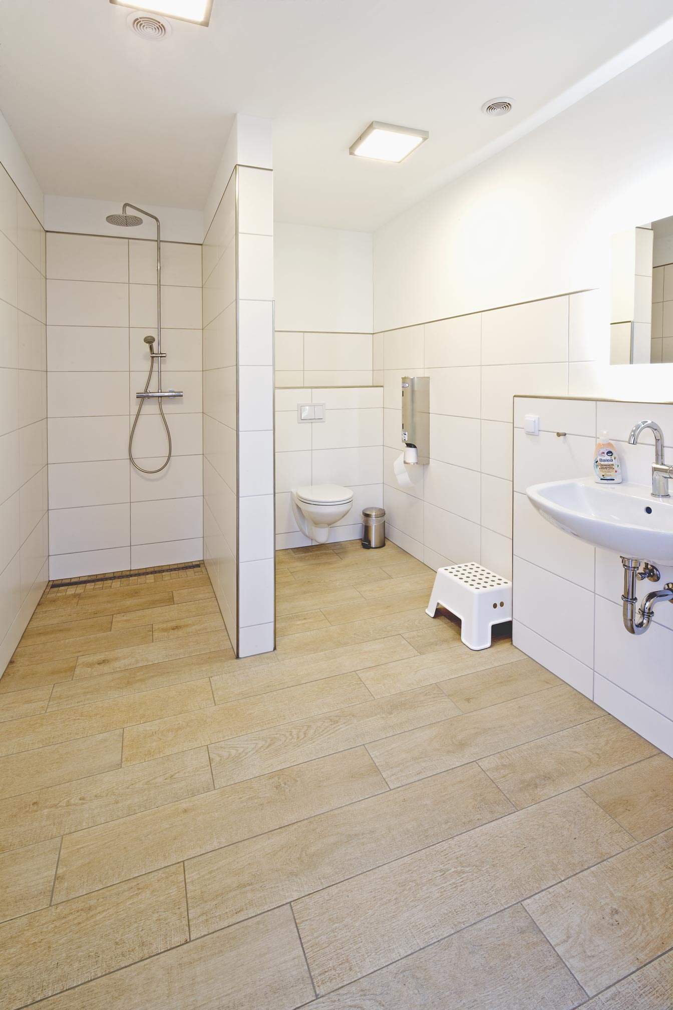 Foto von einem Bad mit Dusche, WC und Waschbecken.