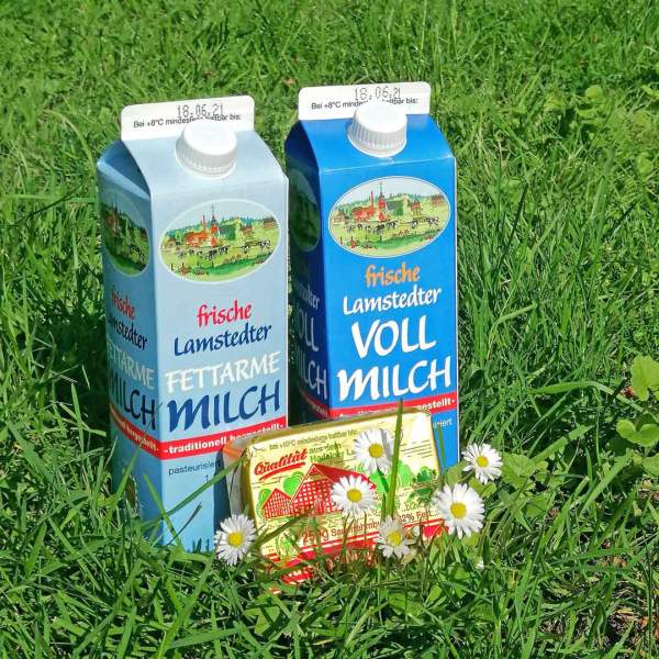 Foto von zwei Milchpackungen und Butter, die im Gras drapiert sind.