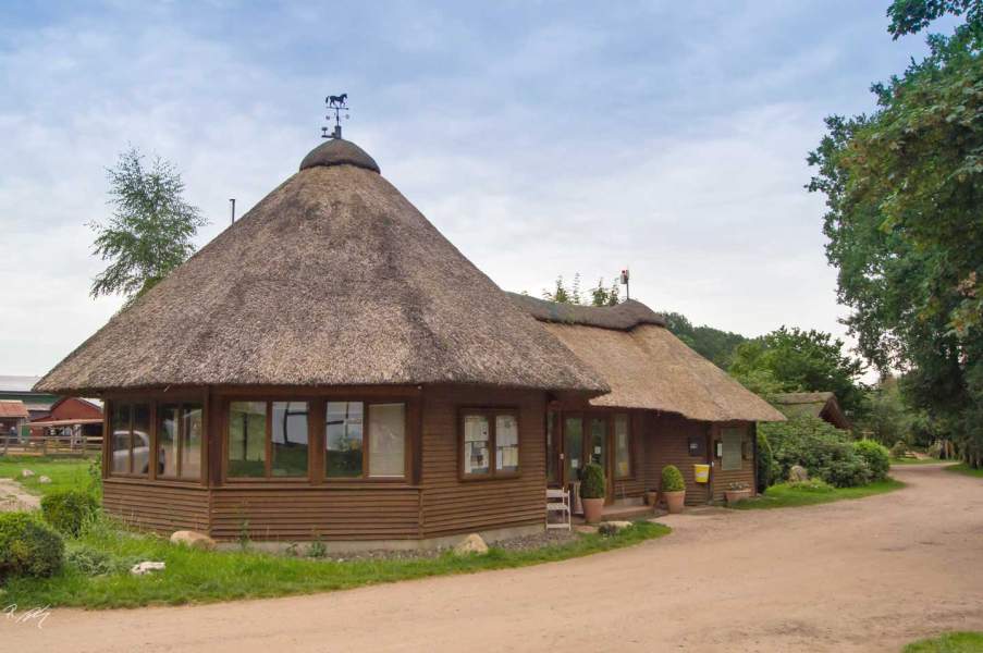 Foto von der Rezeption mit Reetdach.