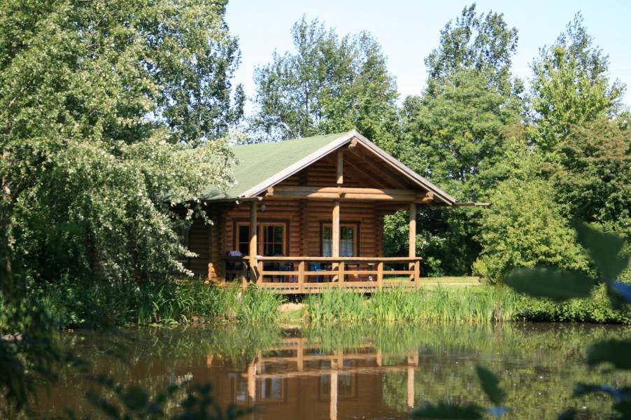 Foto von dem Blockhaus 331 zwischen hohen Bäumen am Wasser.