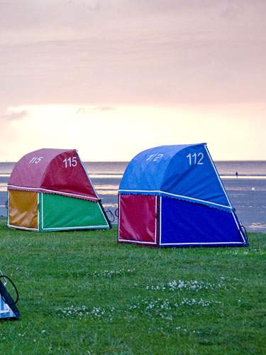 Foto von Strandkörben, die auf einer Wiese am Strand stehen.