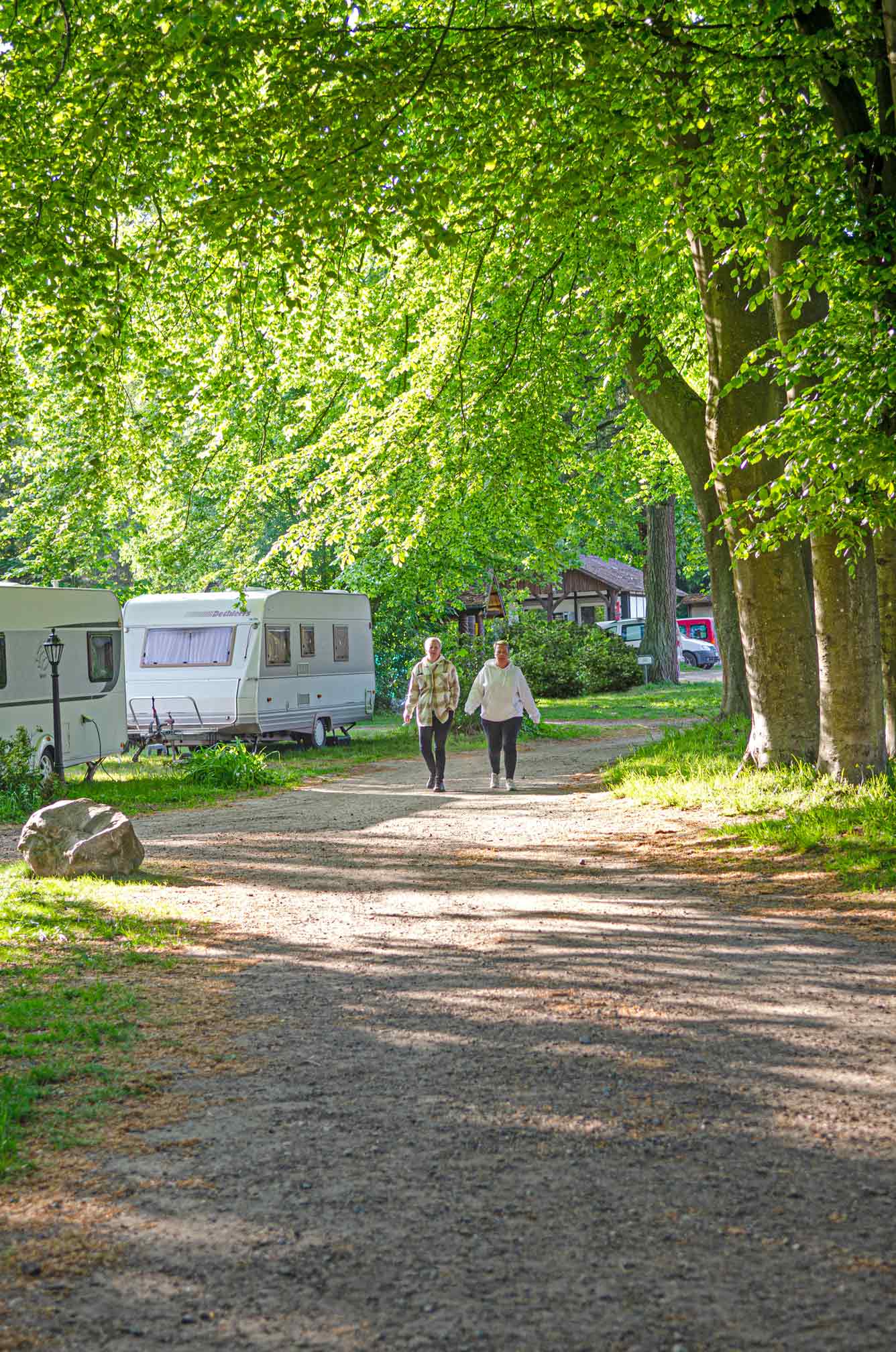 Foto eines Wohnwagens, der auf einer Rasenfläche in einer Parklandschaft steht