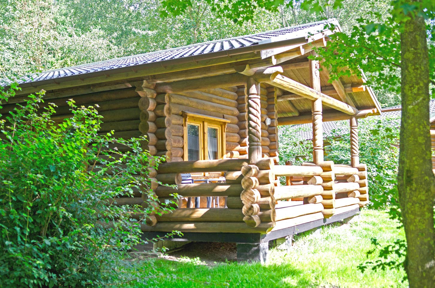 Typ C – Blockhaus 336 mit grüner Hecke, überdachter Veranda und Naturverkleidung