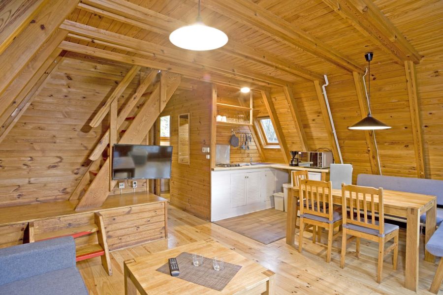 Foto von dem Wohn- und Essbereich mit Küchenzeile im Nurdachhaus 337.