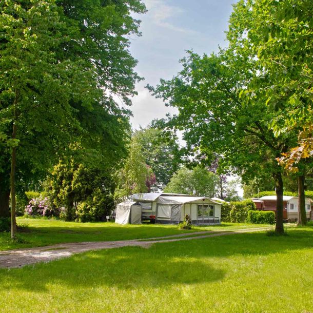 Foto von Campingstellplätzen inmitten von Bäumen und Grünflächen