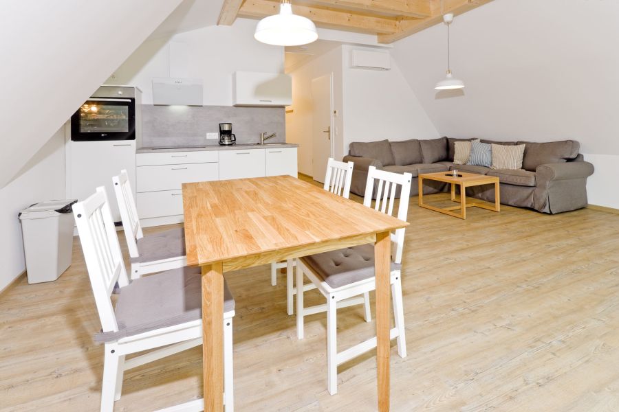 Foto von dem Wohnbereich mit Küche in der Seewohnung 412.