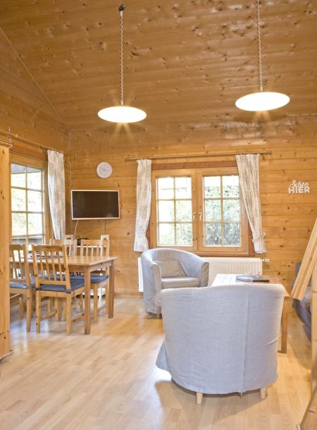 Foto von dem Wohn- und Essbereich mit Fernseher im Blockhaus 327.