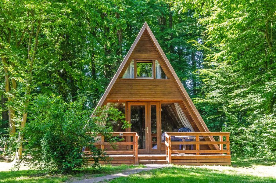Bild von dem Nurdachhaus 306 inmitten von hohen Bäumen