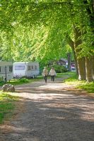 Foto eines Wohnwagens, der auf einer Rasenfläche in einer Parklandschaft steht
