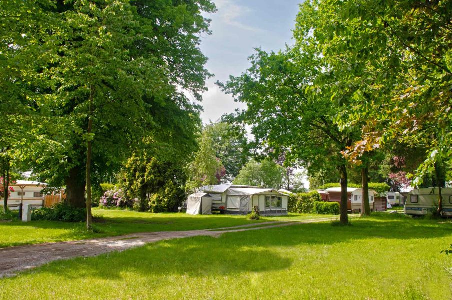 Foto von mehreren Wohnwagen und Zelten auf einem rasenbewachsenen Campingplatz