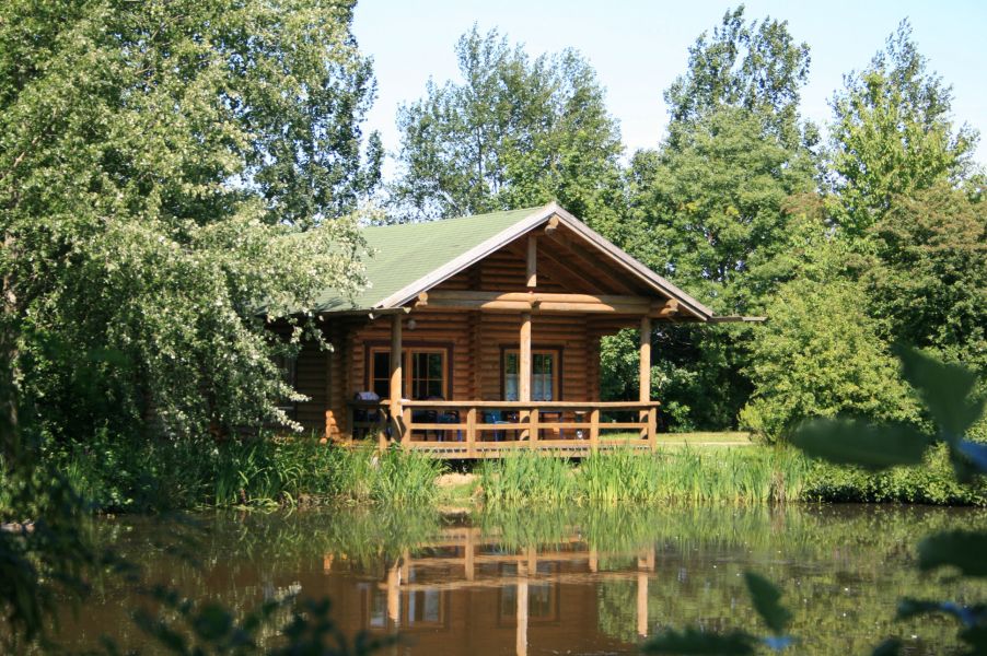Foto von dem Blockhaus 331 zwischen hohen Bäumen am Wasser.
