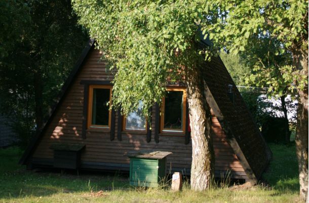 Typ B – Nurdachhaus 151 in Holzoptik mit Satteldach und seitlichem Eingang, umgeben von Bäumen